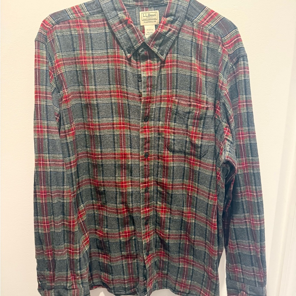 L.L. Bean Men's Casual Red and Gray Plaid Shirt